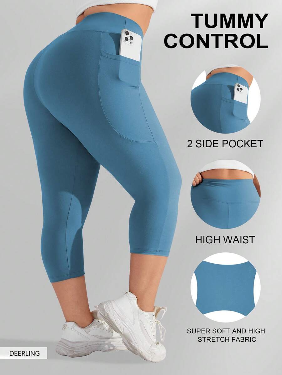 Plus Size Women's High Waist Compression Cropped Leggings, Elastic Yoga Pants (XL-5X) - Spandex Stretchy Fitted