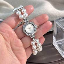 1 pièce Montre-bracelet femme avec perles, deux rangées, style ample, boîtier incrusté de strass, cadran avec chiffres arabes, mode, pratique et confortable, quartz