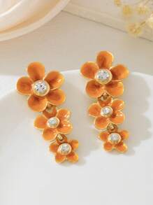 1 par de pendientes con colgante de flor de cinco pétalos con estilo de gota naranja vibránte y cristales incrustados, elegantes y frescos para el verano, vacaciones y apropiados para uso diario, citas y vacaciones