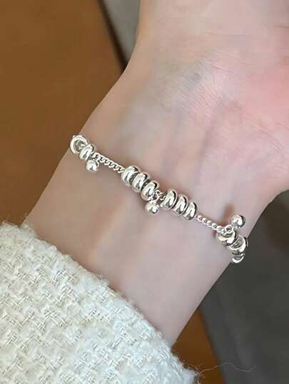 Pulsera de plata de ley con borlas de cuentas redondas, sencilla y elegante, de estilo versátil coreano al estilo geométrico de moda, joyería de mano de alta gama
