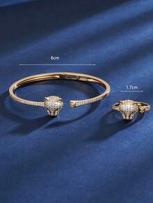 1 件欧美凶猛豹头开口戒指，18K 镀金铜镶嵌锆石首饰 - 金色 - 查看 6