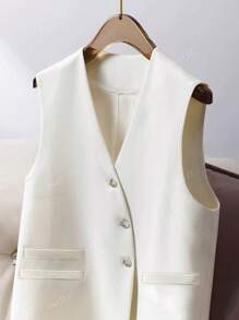 Blazer casual in lino con scollo a V asimmetrico monopetto e senza maniche, adatto per primavera/estate, da donna