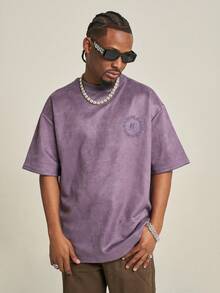 MT99 Casual American Style Suede Patch Embroidered Loose Fit Short Sleeve T-Shirt, Purple Unisex Top - Purple - View 1