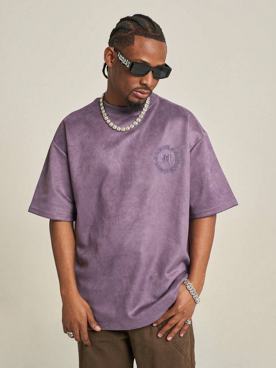 MT99 Casual American Style Suede Patch Embroidered Loose Fit Short Sleeve T-Shirt, Purple Unisex Top - Purple - View 1