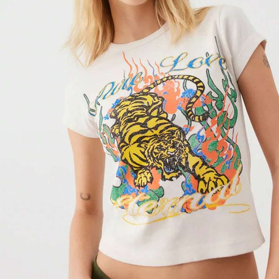 Women's Y2K Summer Slim Crop Tops Letter Tiger Pirnt Short Sleeve Round Neck Show Navel Baby Tee Streetwear - trắng - Xem 1