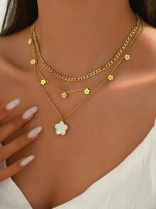 1pc Fashionable Multi-Layer Necklace, White Shell Flower Pendant Stainless Steel Chain, Suitable For Women'sCasual Daily Wear