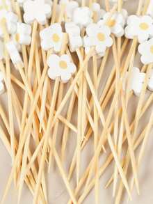 50/100Pcs Bamboo Pick Sweet Daisy Theme Flower Fruit Fork, Party Dessert Salad Stick Cocktail Skewer, Wooden Picks Wedding Birthday Party Supplies