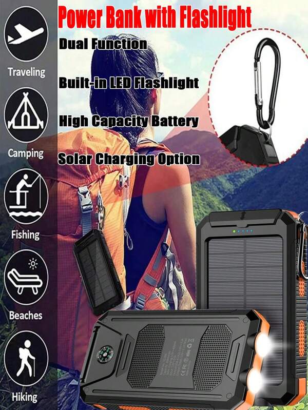1PC Strong Waterproof Solar Power Bank 20000mah Compass Solar Mobile Power Bank Outdoor Adventures Emergency Kits Night Work Waterproof & Durable