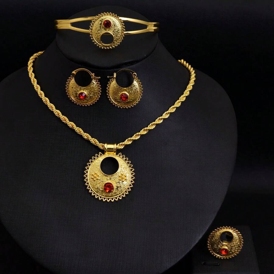 Set de 4 piezas de joyería clásica geométrica para mujer: collar, aretes, anillo, brazalete. Regalo de joyería de boda de lujo africana y de Dubai