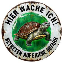 Panneau mural en métal vintage de 20 cm x 20 cm "Je suis de garde ! Entrez à vos risques et périls" - Décoration allemande, thème tortue et humour, convient pour le jardin, la terrasse ou l'espace extérieur, durable et facile à nettoyer, décoration de jardin avec tortue