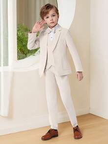 4pcs Young Boy Formal Suit Set: Single-Breasted Jacket, Vest, Pants, And Necktie - Beige - View 4