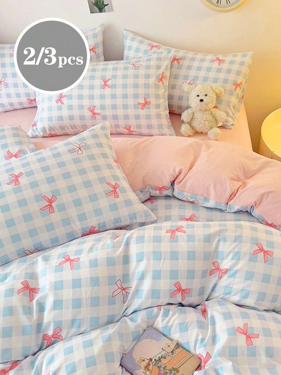 2/3pcs Pink Bow, Blue Plaid Bedding Set, Suitable For Students, Super Soft, Sweet & Cute, Brushed Duvet Cover & Pillowcase Set, Spring/Summer, Available In Twin/Queen/King Size