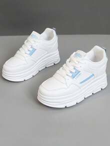 1 Pair Women's Casual Thick Sole Platform Sneakers, Fashionable Appearance, Lace-Up Closure, 5cm Height Increase, Suitable For Petite Women - White and Blue - View 3