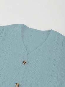 V-Neck Lace Patchwork Hollow Out Embroidery Front Button Spring/Summer Short Sleeve Top - Baby Blue - View 3