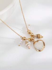 1pc Minimalist Fashion Seashell Beaded Pendant Necklace, Women Beach Holiday Everyday Jewelry