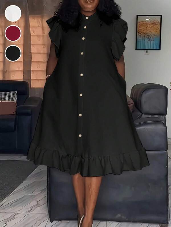 Plus Size Women Ruffle Hem Button Pocket Casual Shift Dress