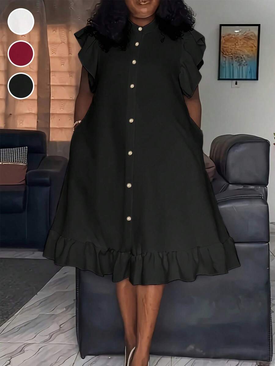 Plus Size Women Ruffle Hem Button Pocket Casual Shift Dress Black Elegant - Black - View 1