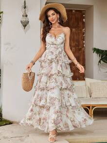 [Random Floral Design] Women Spaghetti Strap Backless Digital Watercolor Floral Print Chiffon Layered Ruffle Elegant A-Line Dress - White - View 4