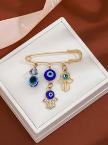 1pc Fashionable Blue Eye Palm Shaped Alloy Pendant Brooch With Crystal Beads, Suitable For Men And Women Daily Wear - Multicolor - View 4