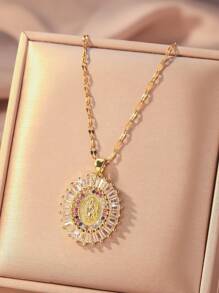 1 pièce Collier pendentif Vierge Marie de croyance religieuse à la mode européenne et américaine avec incrustation de zircone colorée, collier ras du cou pour femmes