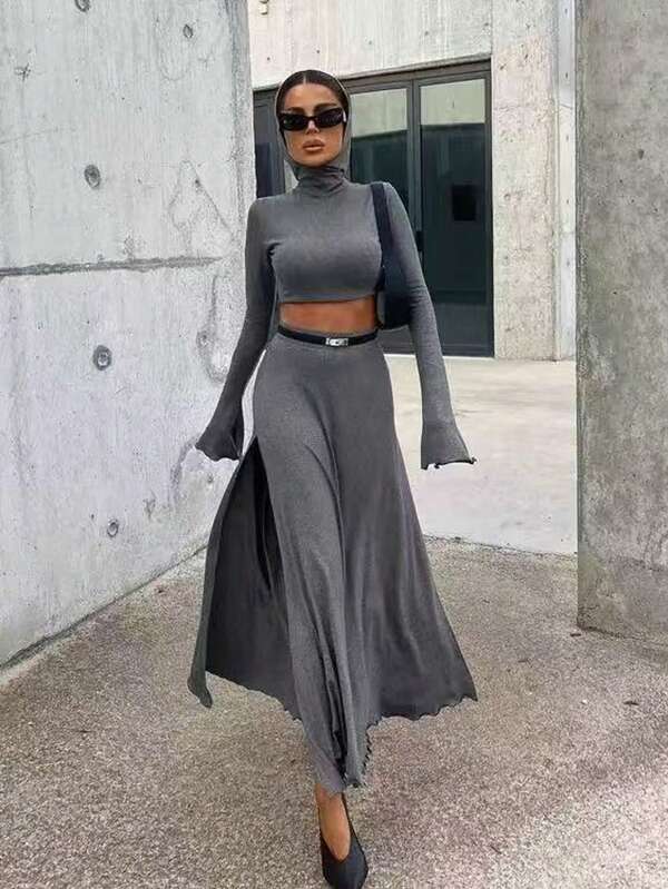 Women Hooded Top And Slit Hem Skirt 2 Pieces Set, Solid Color Sexy Elegant Casual Streetwear Loungewear, Autumn