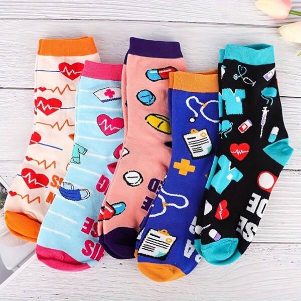 5 Pairs Nurse Socks Gift For Ladies Funny And Novelty Nurse Socks Womens Crew Socks