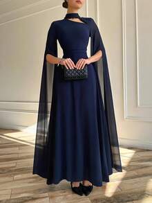 1 pieza Elegante vestido de noche azul marino largo, diseño de manga chal, espalda descubierta con lazo, perfecto para bodas en la iglesia, bodas en el jardín, galas y una opción ideal para invitadas de boda femeninas - Marina de guerra - Ver 3