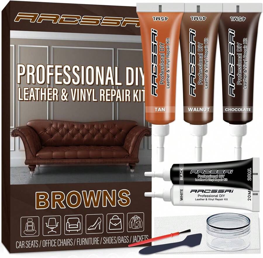 ARCSSAI ARCSSAL Brown Leather Repair Kit For Furniture, Leather Couch Repair Kit For Sofa, Jacket, Car Seats And Purse With Super Easy Instructions, Restores Any Material, Bonded, Pleather, Genuine - White - View 1
