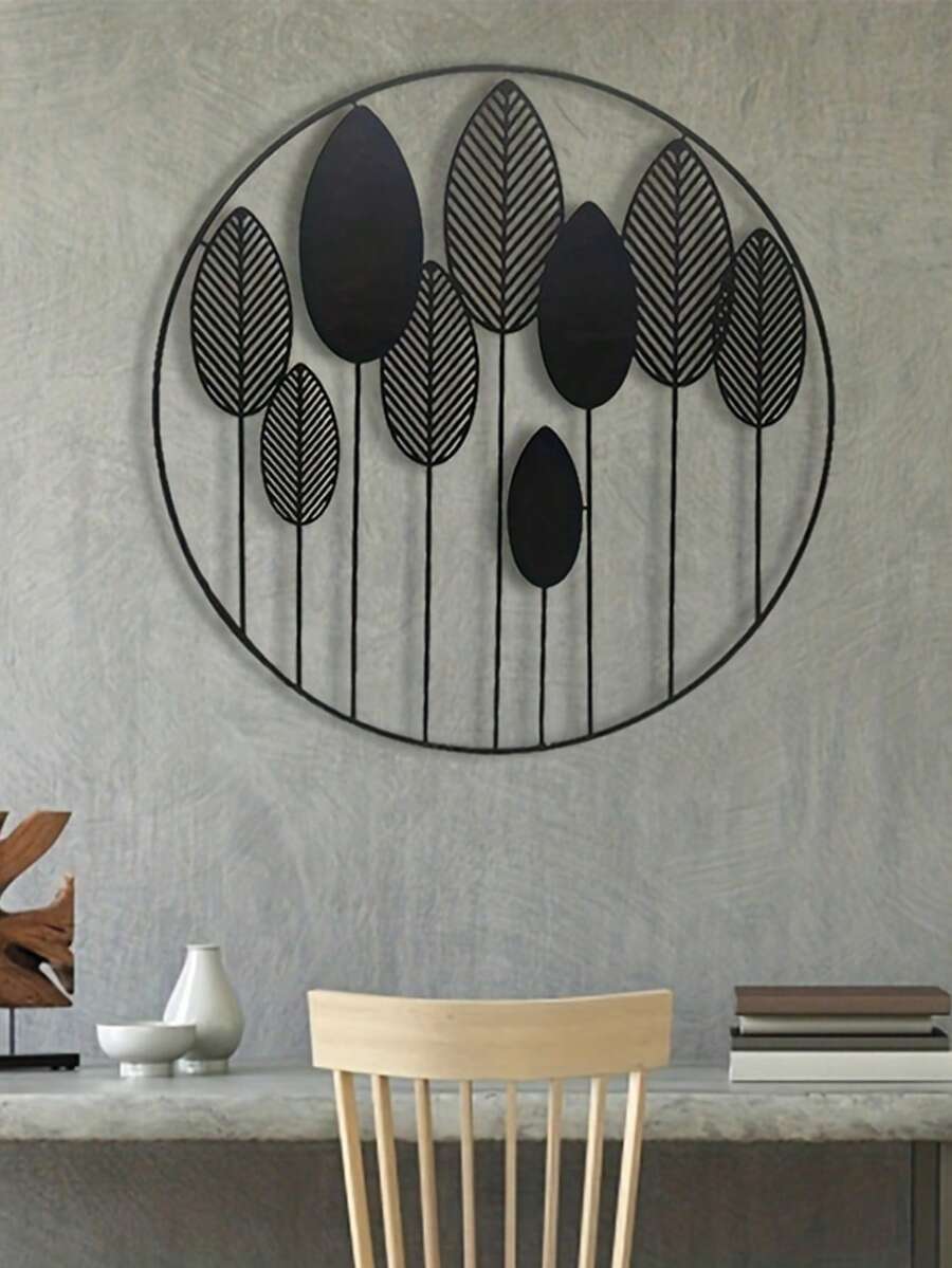 Nowoczesna rzeźba ścienna z liści - 30 cm średnicy, okrągła, wisząca sztuka ścienna do wystroju domu - inspirowana naturą metalowa dekoracja ścienna do kuchni i salonu