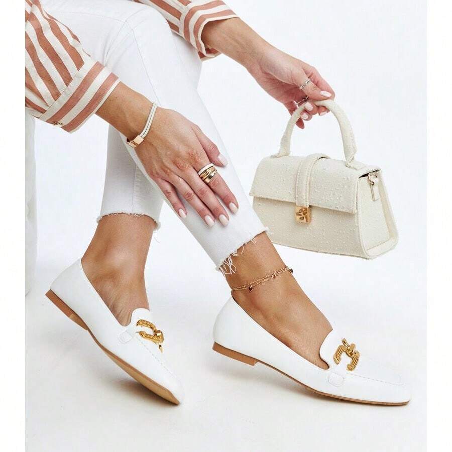Women Fashion Metal Buckle Decor White Flats - White - View 1