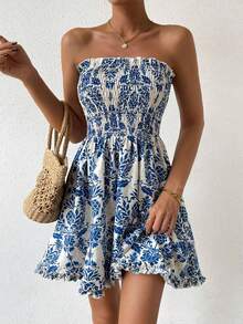 Las mujeres sexy bustier vestido bustier floral, vestido bustier de las mujeres, suave y cómodo, buena textura vestido de fiesta, fiesta, playa, fiesta de cumpleaños, vestido de tubo impreso, vacaciones y otras escenas son adecuadas para usar. - Azul - Ver 2