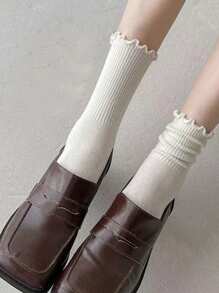 1/6 pares (mezclados al azar) Calcetines con volante para mujer, elegante estilo japonés/coreano versátil y lindo estilo universitario de media pierna, adecuados para atuendos de otoño/invierno