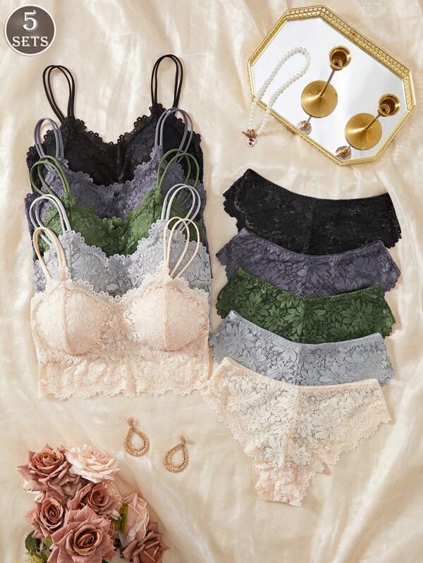 5 ENSEMBLES Ensemble lingerie pour femmes avec Top tube en dentelle et culotte à bretelles. Équipé d'un coussinet de poitrine, soutien-gorge anti-exposition, confortable sans rebord, fine bretelle. Ensemble de lingerie sous-vêtements.