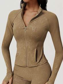 Sodalemon 女士全拉链口袋拇指孔健身夹克无缝前缝瑜伽紧身裤银色烫印运动套装 - 摩卡棕 - 查看 6