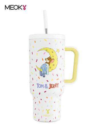 TOM & JERRY 40oz Tumbler With Handle, Insulated Cup, Vacuum Insulated Water Bottle, Leak-Proof Lid And Straw, Insulated Coffee Mug Stainless Steel Travel Mug, Keeps Cold For 24 Hours Or Hot For 10 Hours