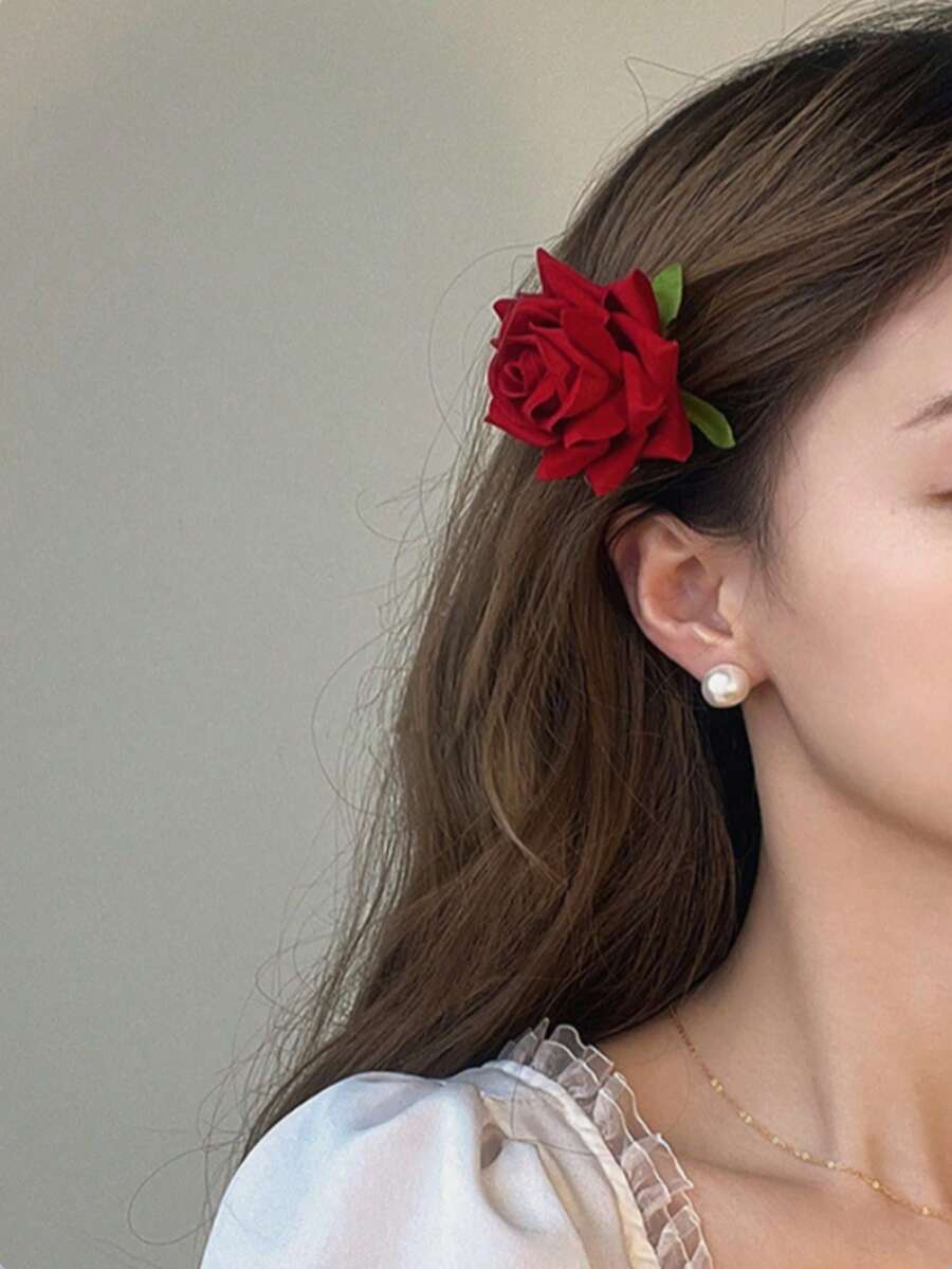 1 件女士复古勃艮第天鹅绒仿玫瑰花两用发夹胸针时尚鸭夹发夹，适合日常使用，音乐节/母亲节/情人节/派对和生日礼物爪夹发夹发夹，鳄鱼发夹，发夹