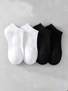 6 Pairs Unisex Black & White Elastic Waist Simple Breathable Ankle Socks, Versatile For All Seasons