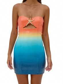 Women Sequin Tube Top Dress Slim Metal Starfish Cut Out Off Shoulder Sleeveless Open Back Mini Bodycon Dress