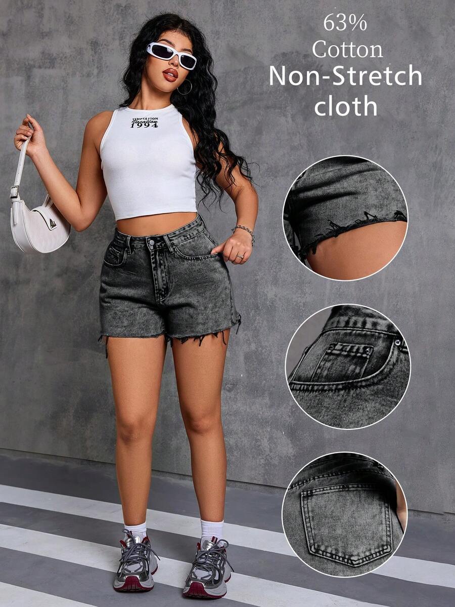 Women's Casual Grey Washed Denim Shorts, Frayed Hem, Pockets, Non-Stretch Woven Fabric, Straight Leg Short Design, Summer - Grey - View 1