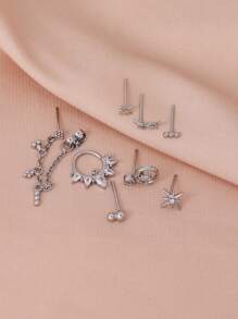 8pcs Delicate Cubic Zirconia Inlay Chain Drop Earrings Set, For Women's Daily Dates, Parties And Occasions