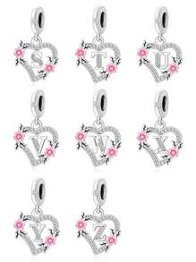 HuooNew 1pc 925 Sterling Silver Heart Shape Letter Inlaid Cubic Zirconia DIY Pendant, Suitable For Men & Women, Party/Gift