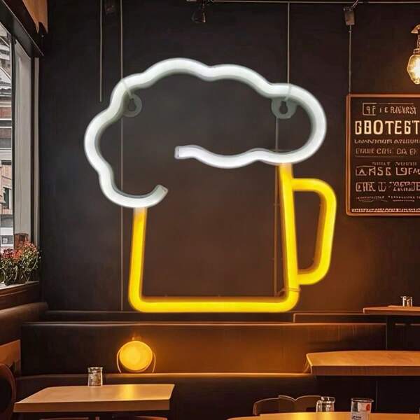 1pc Beer Mug Shaped LED Neon Sign Light, USB & Battery Powered With Switch Control, Fashionable Atmosphere Light For Bars, Cafes, Restaurants, Holiday Party Decor