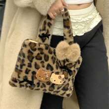 Sanrio Sanrio Hello Kitty Brand Bags, Plush Leopard Print Handbag, Cute Seasonal Leopard Print Handbag, Minimalist Outdoor Tote, Retro Plush Commuter Bag, Women Handbag, Shoulder Bag, Charm, Travel Bag, Books, Travel, Luxury Ladies Handbag (Note Size Selection)