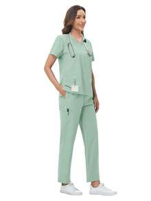 Set Seragam SPA Wanita, Atasan Lengan Pendek Lembut dan Bernapas dengan Bahan Matte dan Celana Panjang Lurus, Cocok untuk Ahli Kecantikan, Teknisi Kuku, dan Perawat - Mint Green - View 2