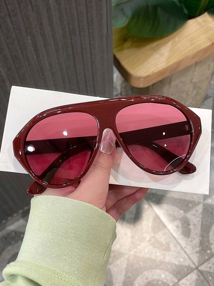 1pc Women's Wine Red Pilot PC Frame Solid Color Large Frame Streetwear Holiday Fashion Fashion Glasses - 酒紅色 - 查看 1