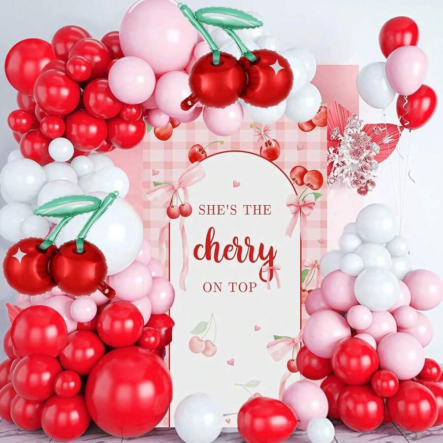 Set de 128 piezas de arco de globos con temática de cereza, que incluye globos de látex de color rojo, rosa y blanco, además de globos de lámina de aluminio con diseño de cereza para decorar fiestas de cumpleaños, bodas, duchas nupciales y otras celebraciones con tema de cereza - Multicolor - Ver 1