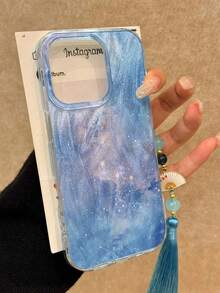 蓝色手机壳扎染画高端时尚中国风流苏银色手机壳带挂饰，适用于 16/16 Pro Max、15、15 Pro Max、Apple P13、P14、P11、P12、XS、XR、7/8P、7/8 GES2、A14/A15、S23U/A50、A12、A32、A52、A72、A51、A21S、A13、A14、S22 Ultra、S23、A33、A53、S20 FE 手机壳 - 彩色 - 查看 3