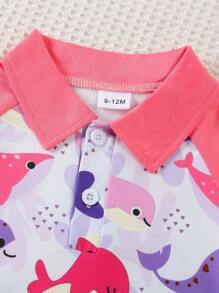 Baby GirlSummer Short Sleeve Lapel Patchwork Whale Print Soft Romper