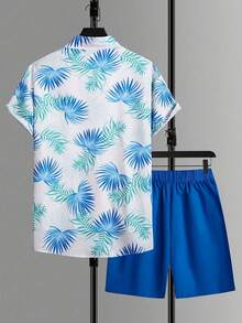 Men's Casual Set With Short Sleeve Shirt And Printed Shorts - 藍色 - 查看 4