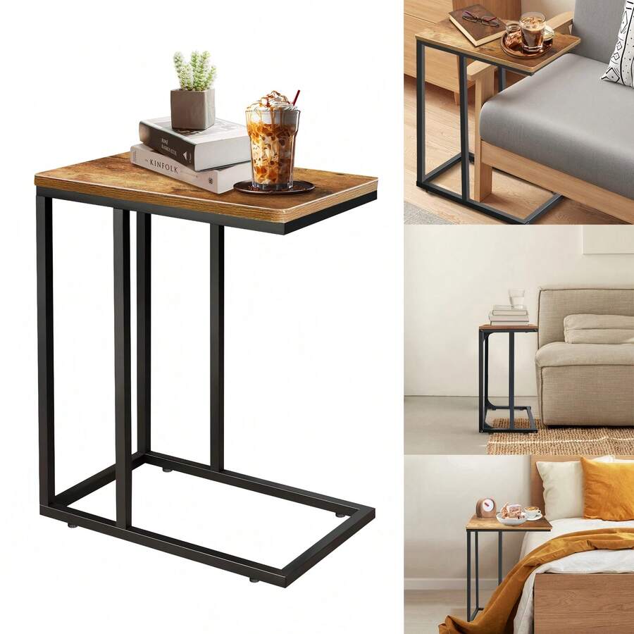 AutoFu C Shaped Industrial End Table Narrow Side Table Rustic Nightstand Small Spaces, Laptop Stand Over Bed, Metal Frame End Table Sofa Coffee Snack Table - Rustic Brown - View 1